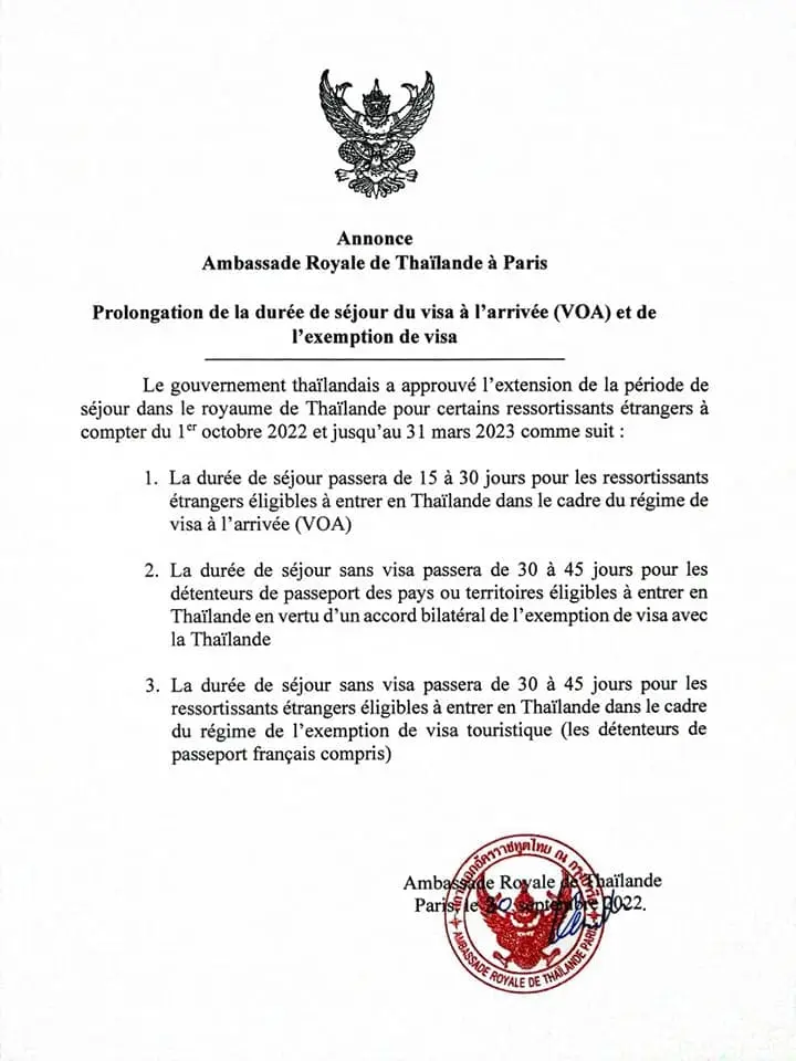 Communiqué de l'Ambassade Royale de Thaïlande en France