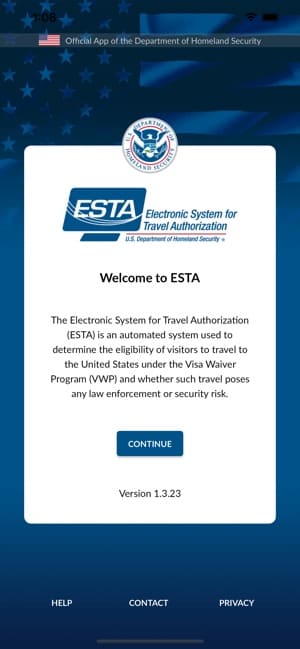 Capture d'écran de l'application ESTA Mobile pour les États-Unis