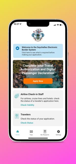 Capture d'écran de l'application Seychelles e-Border pour les Seychelles