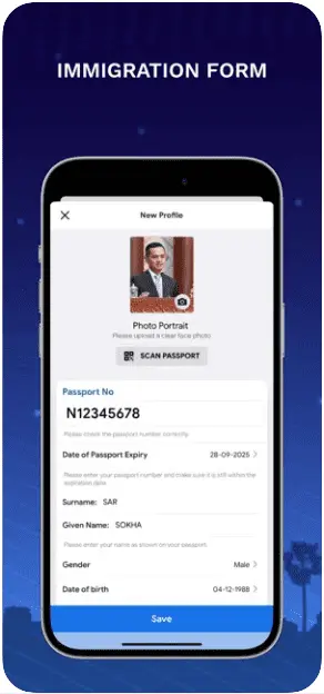 Capture d'écran de l'application Cambodia e-Arrival pour l'obtention de la carte d'arrivée électronique au Camboge - Formulaire d'immigration