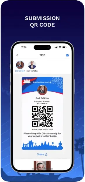 Capture d'écran de l'application Cambodia e-Arrival pour l'obtention de la carte d'arrivée électronique au Camboge - QR code