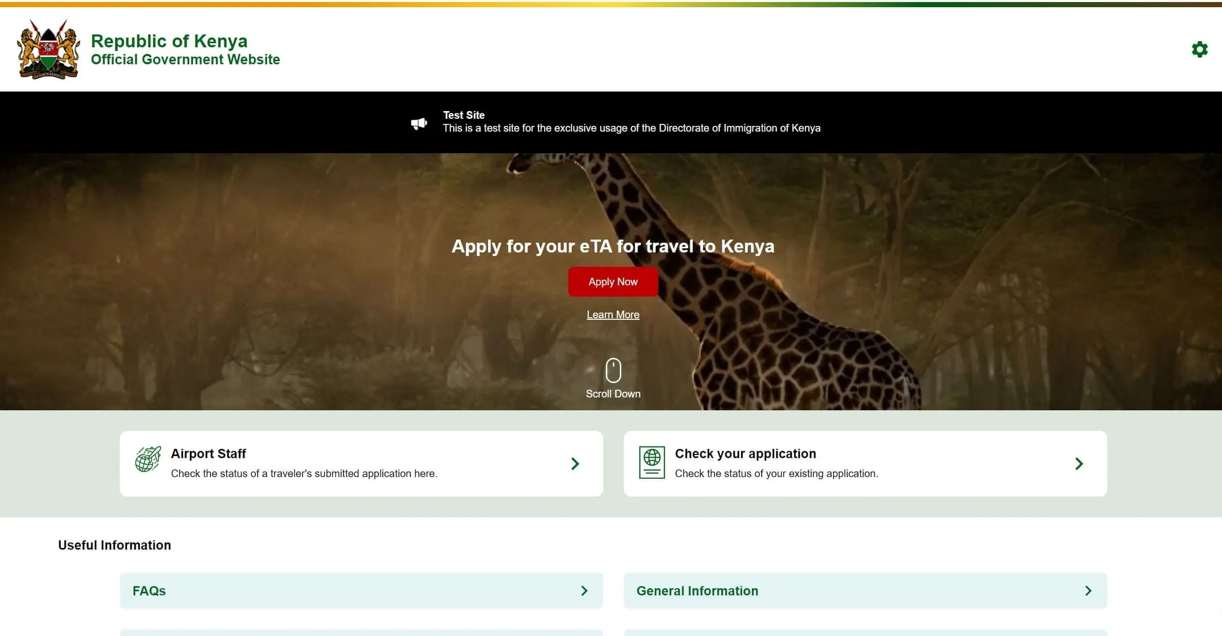 Capture d'écran du portail ETA Kenya