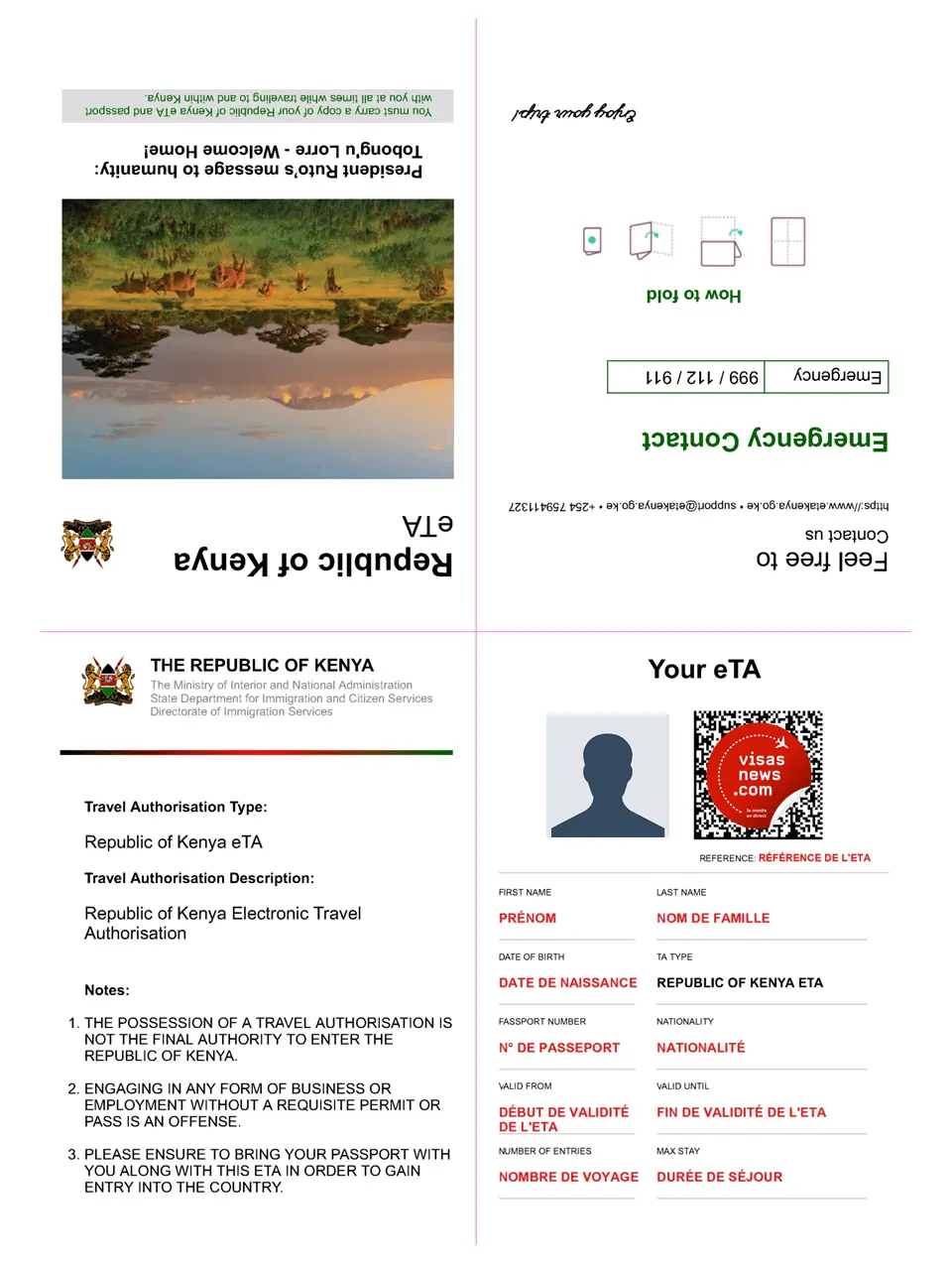 Exemple d'autorisation de voyage électronique Kenya ETA