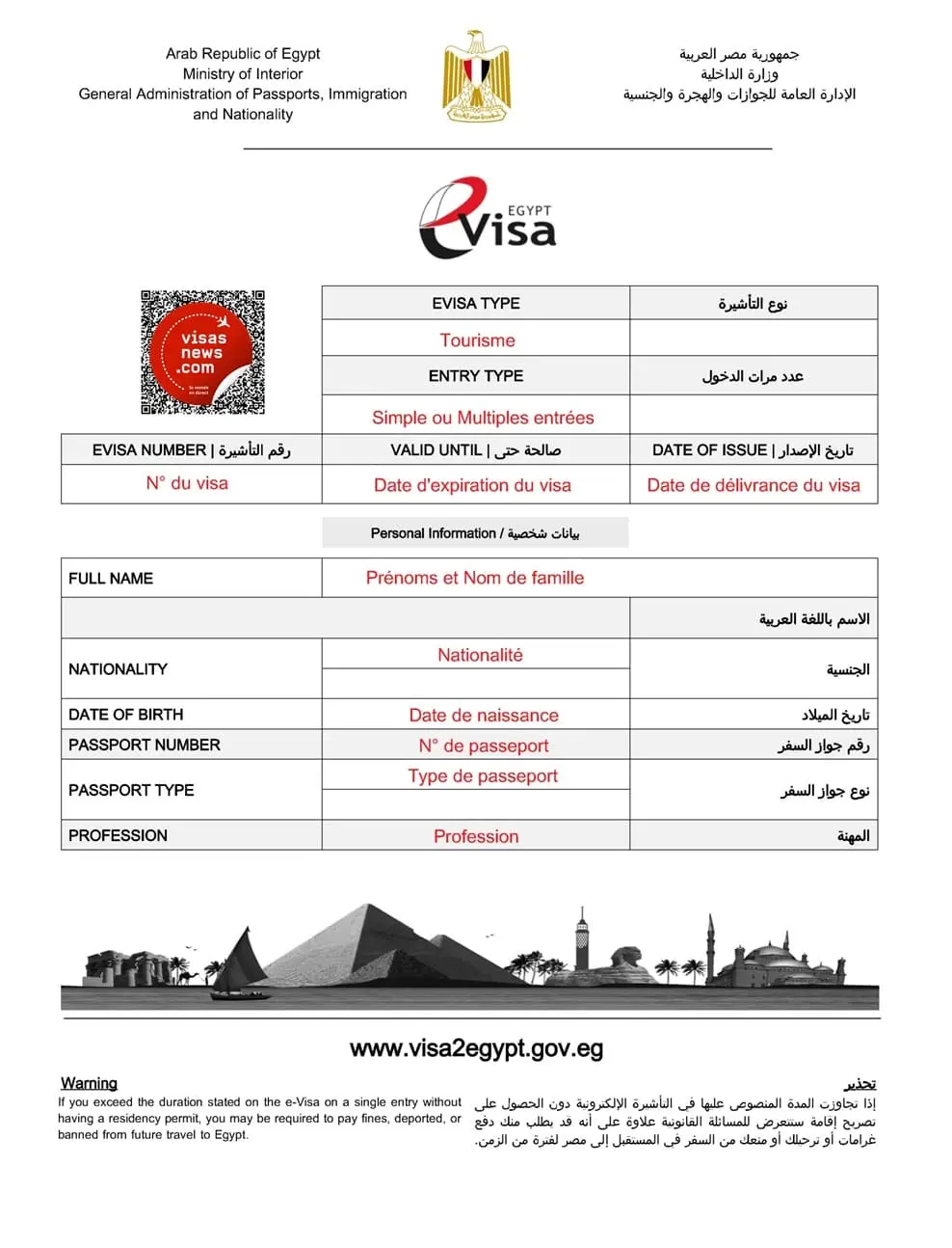 Exemple de visa électronique (e-Visa) pour l'Égypte