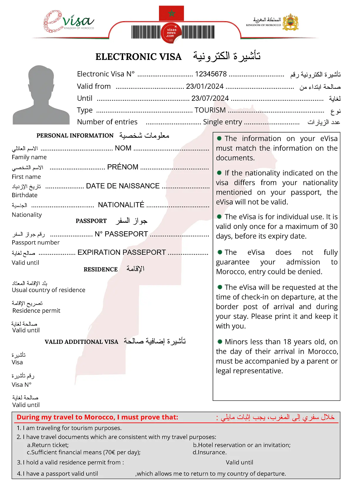 Exemple de visa électronique (e-Visa) pour le Maroc