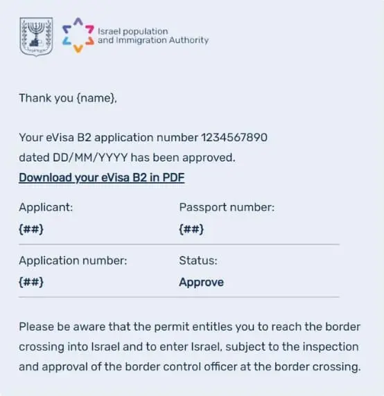 Exemple de visa électronique (e-Visa) d'entrée en Israël