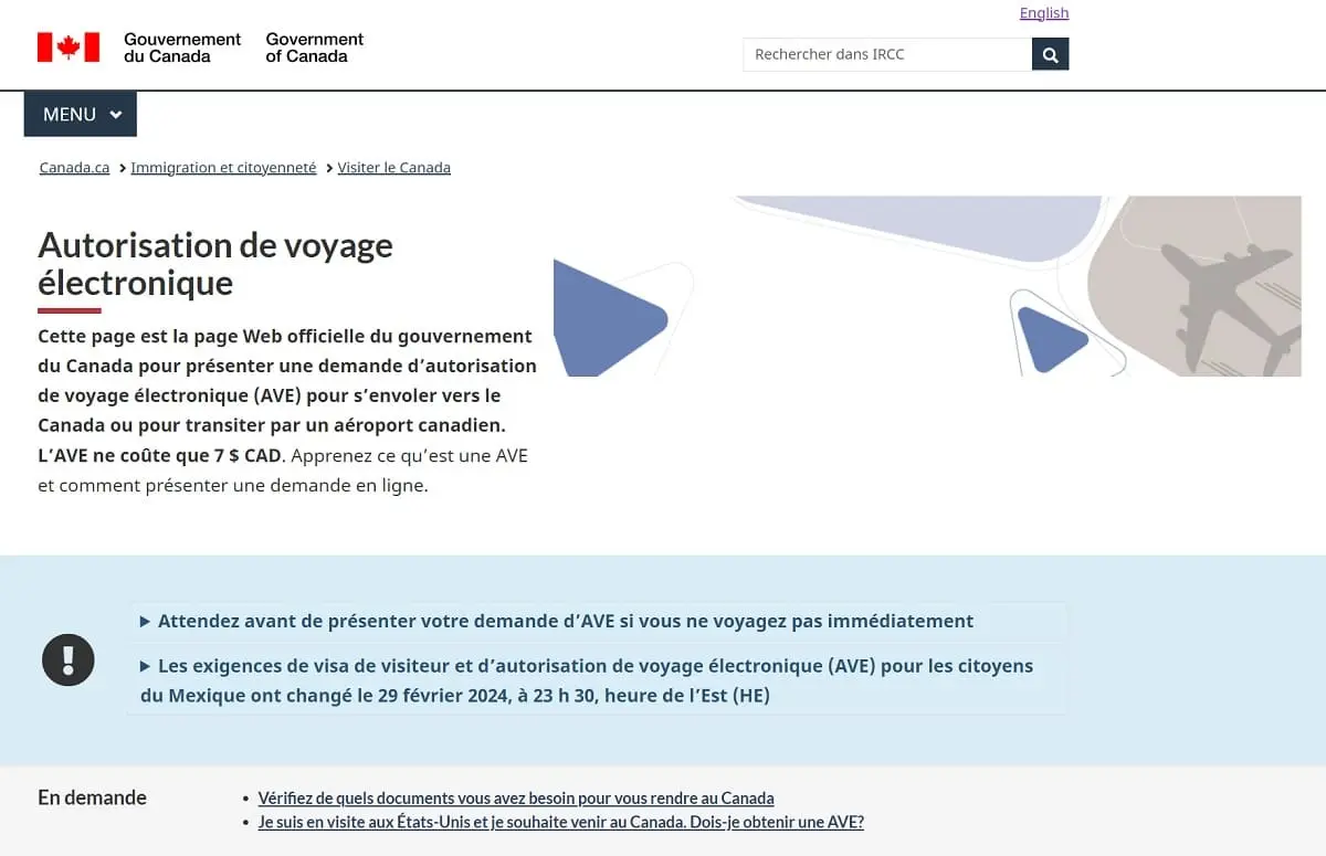 Aperçu du site officiel du gouvernement canadien pour la demande d'Autorisation de Voyage Électronique (AVE)