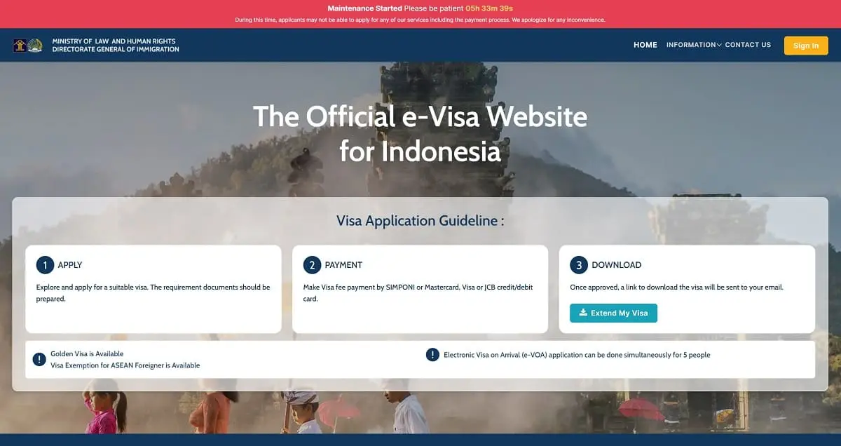 Maintenance du portail indonésien de demande d'e-Visa
