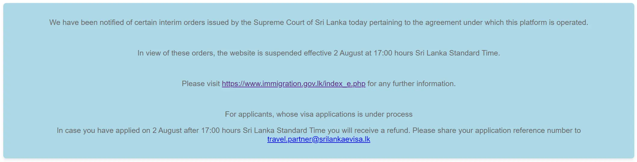 Communiqué relatif à la suspension du système de visa électronique (e-Visa) au Sri Lanka