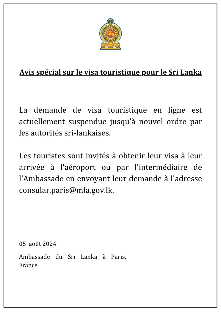 Communiqué de l'Ambassade du Sri Lanka en France concernant la suspension du e-Visa