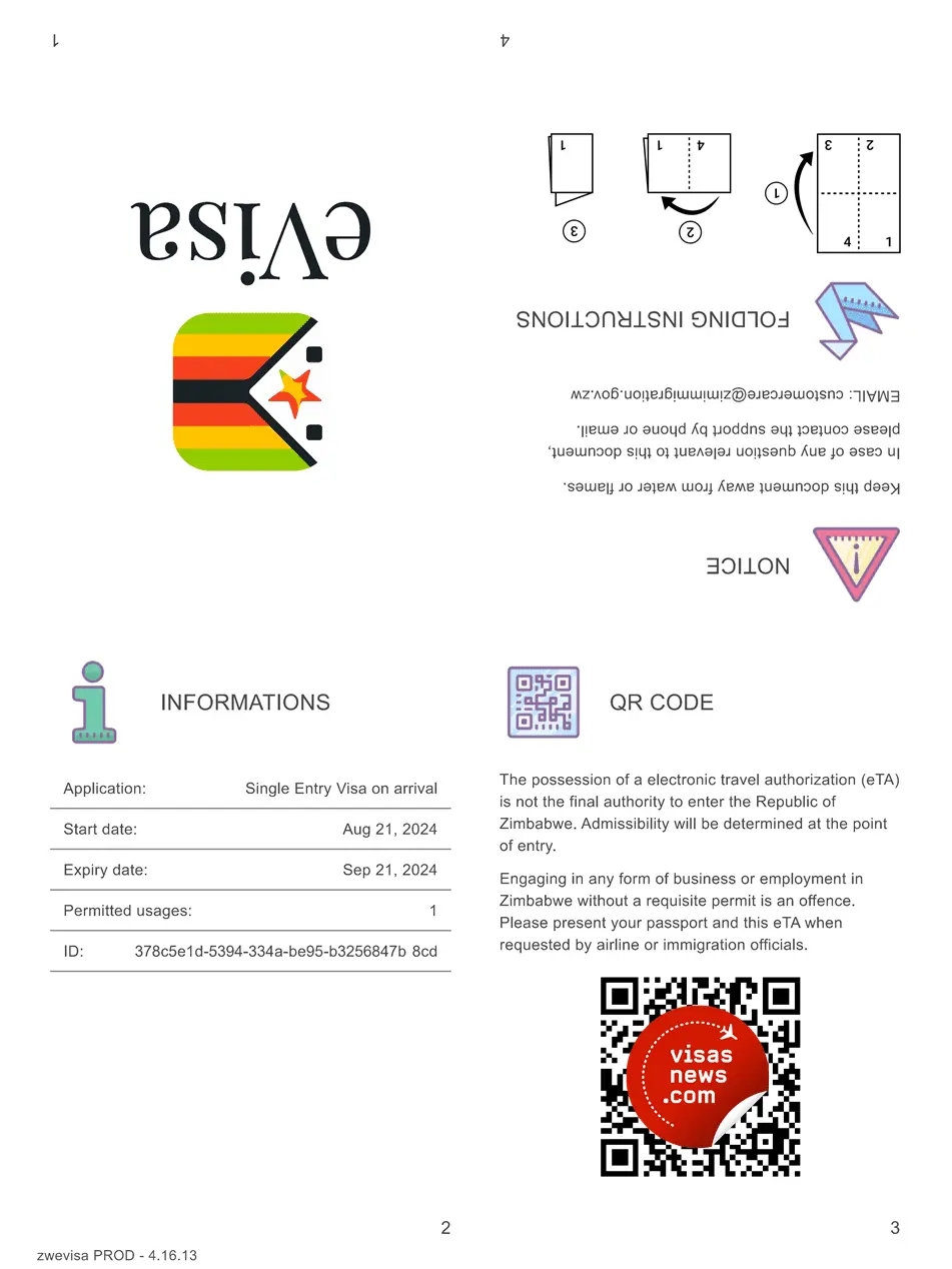 Exemple de visa électronique pour le Zimbabwe