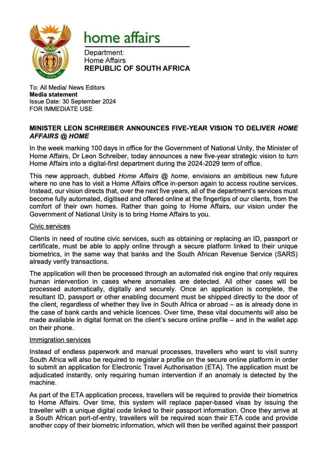 Press release from the South African Department of Home Affairs concerning the introduction of an ETA electronic travel authorization