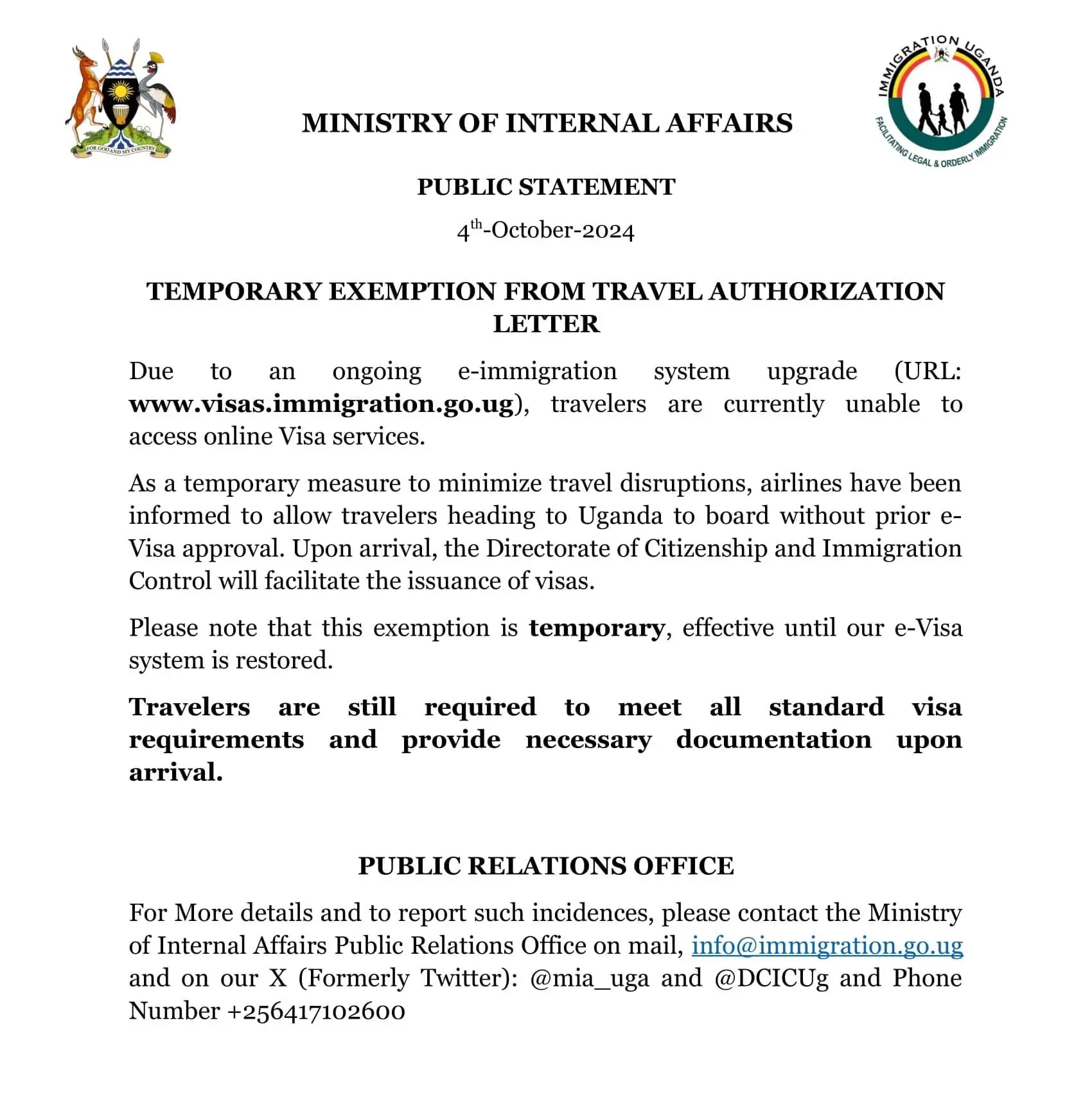 Comunicado de prensa de Inmigración de Uganda sobre la exención temporal de visado electrónico (e-Visa) y la expedición de visados a la llegada