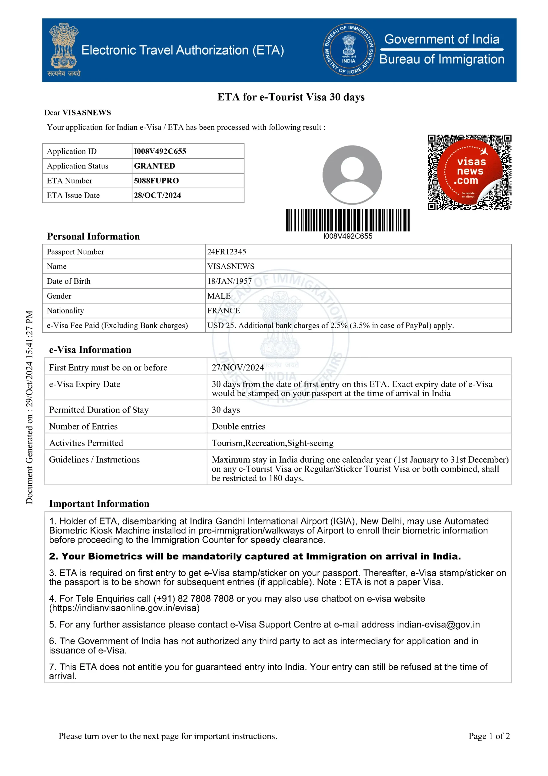 Sample Electronic Travel Authorization (ETA) / Electronic Visa (e-Visa) for India