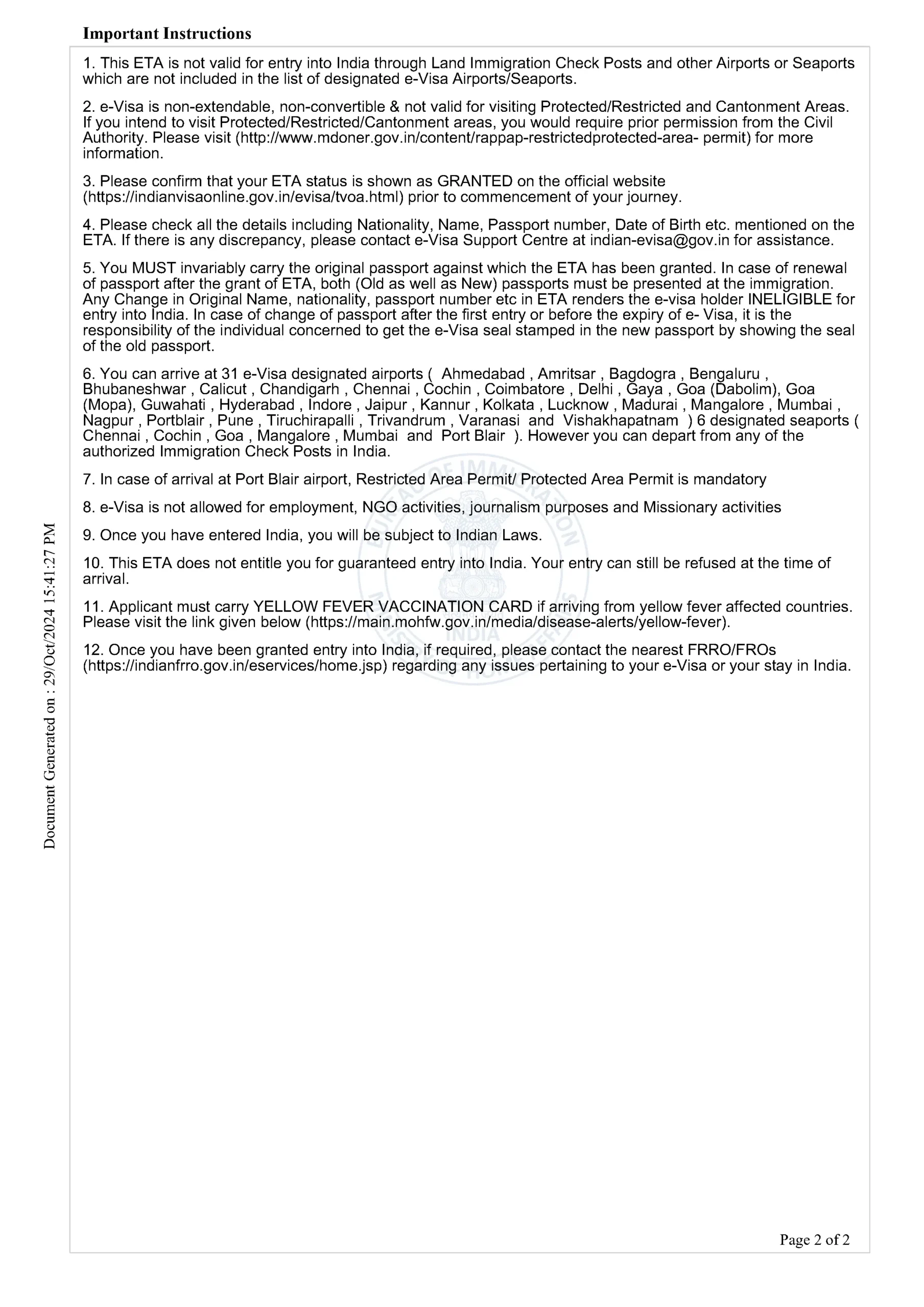 Ejemplo de autorización electrónica de viaje (ETA) / visado electrónico (e-Visa) para la India