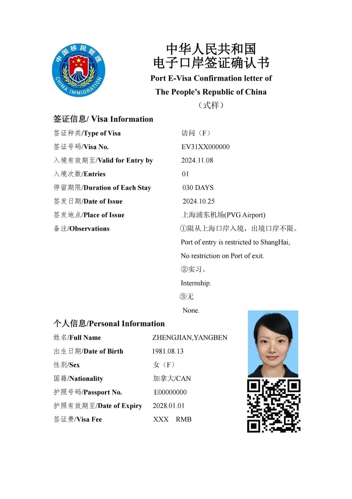 Example of an electronic visa (e-Visa) for China