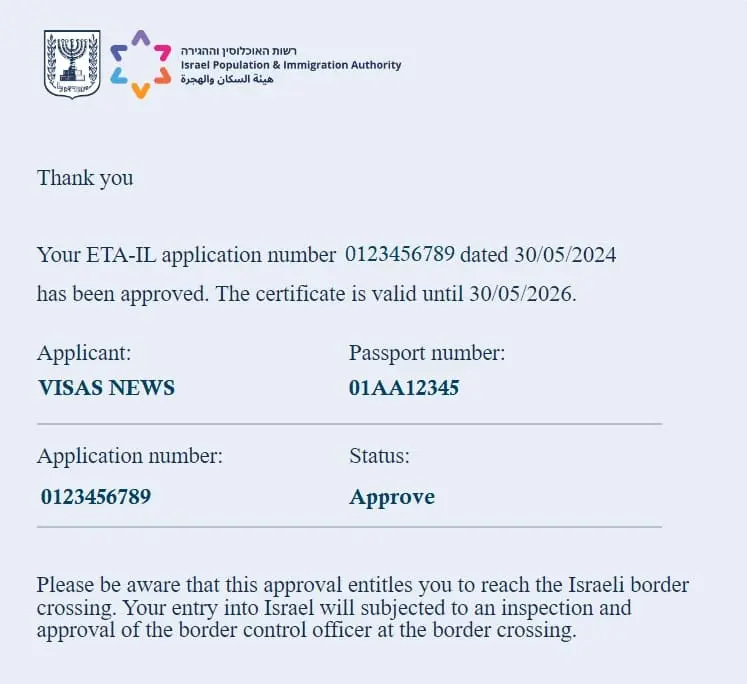 Example of ETA-IL electronic travel authorization for Israel