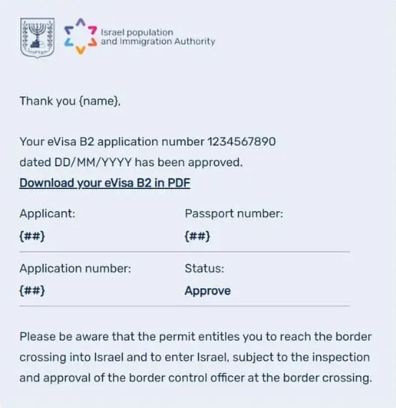 Ejemplo de visado electrónico (e-Visa) para Israel