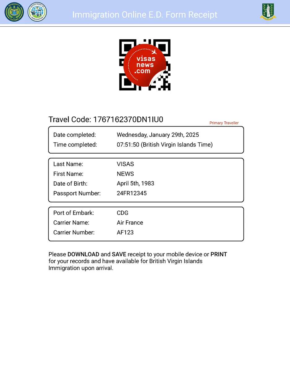 Sample of British Virgin Islands Digital Embarkation and Disembarkation Card