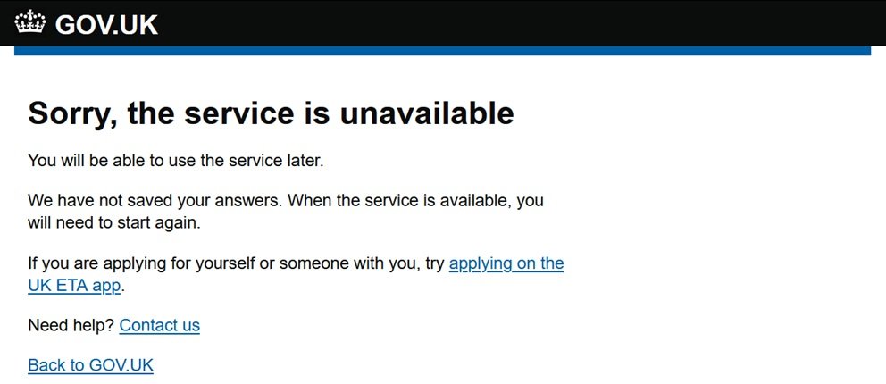 Screenshot of the error message encountered when applying for an ETA for the United Kingdom