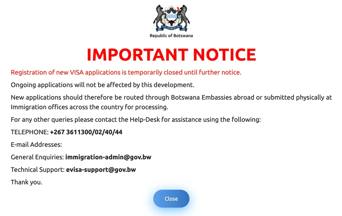 Suspensión de la expedición de visados electrónicos en Botsuana Suspensión de la expedición de visados electrónicos en Botsuana