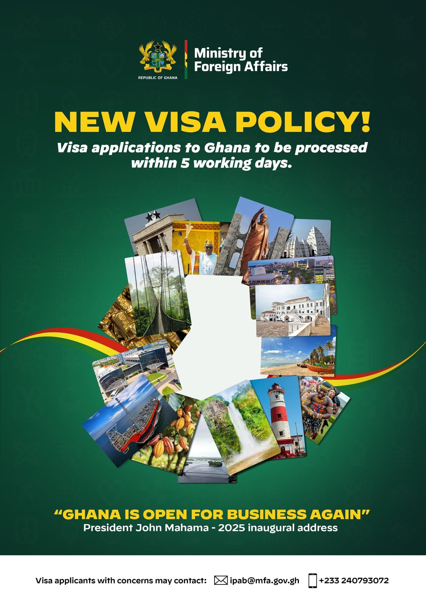 It takes up to 5 business days to obtain a visa for Ghana!