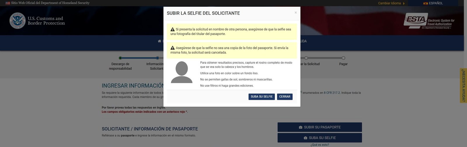 Nuevo requisito de selfie en línea para las solicitudes ESTA de Estados Unidos