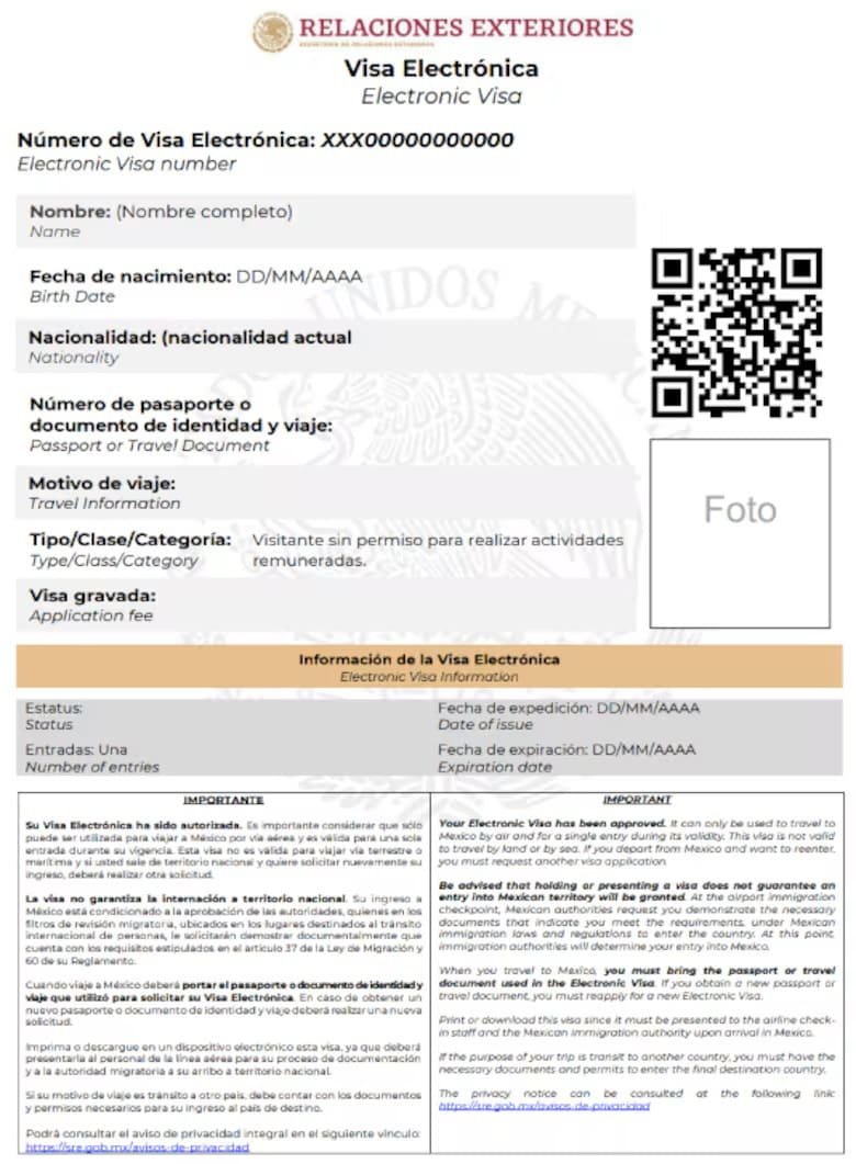 Example of an electronic visa for Mexico Example of an electronic visa for Mexico