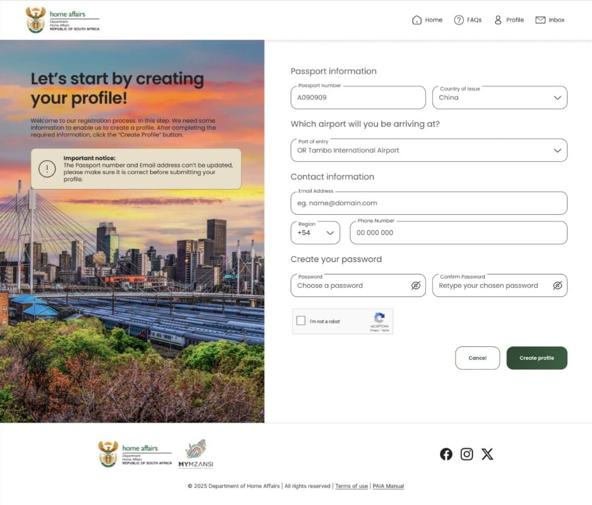 Los datos del pasaporte deben completarse para solicitar una ETA para Sudáfrica. Los datos del pasaporte deben completarse para solicitar una ETA para Sudáfrica