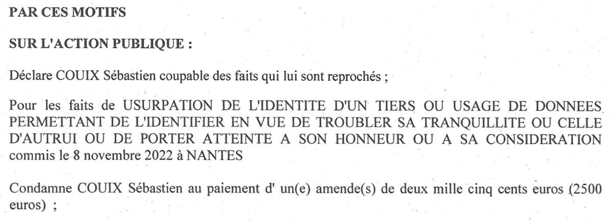 Extrait de l'ordonnance pénale délivrée par le Tribunal judiciaire de Nantes Extrait de l'ordonnance pénale délivrée par le Tribunal judiciaire de Nantes