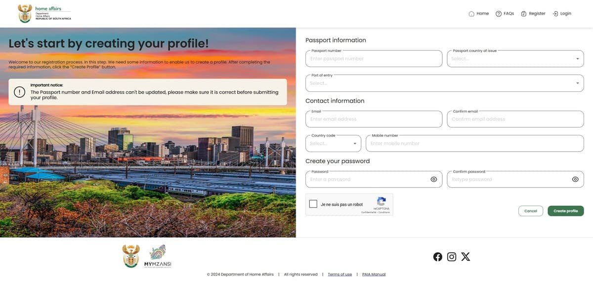 Captura de pantalla del portal de solicitud de ETA para Sudáfrica Captura de pantalla del portal de solicitud de ETA para Sudáfrica