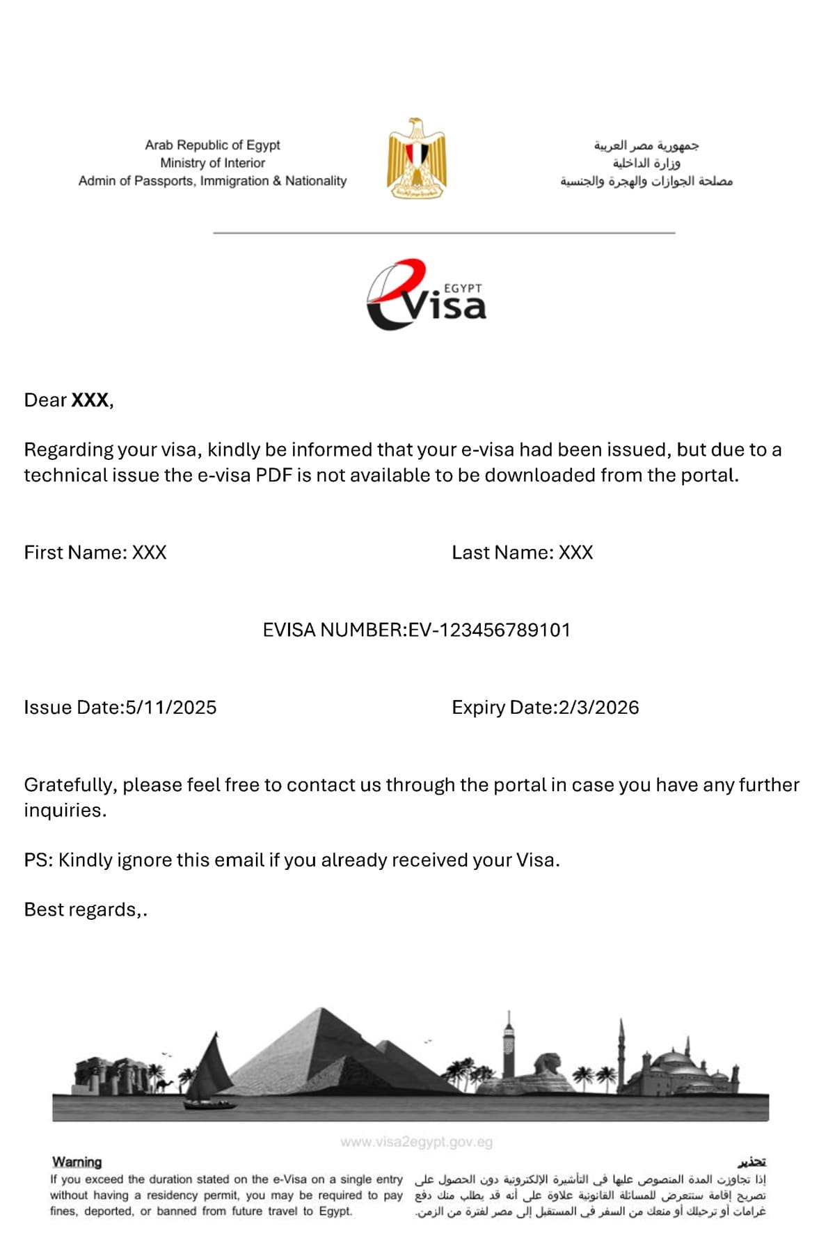 Attestation d'approbation de la demande d'e-Visa pour l'Égypte