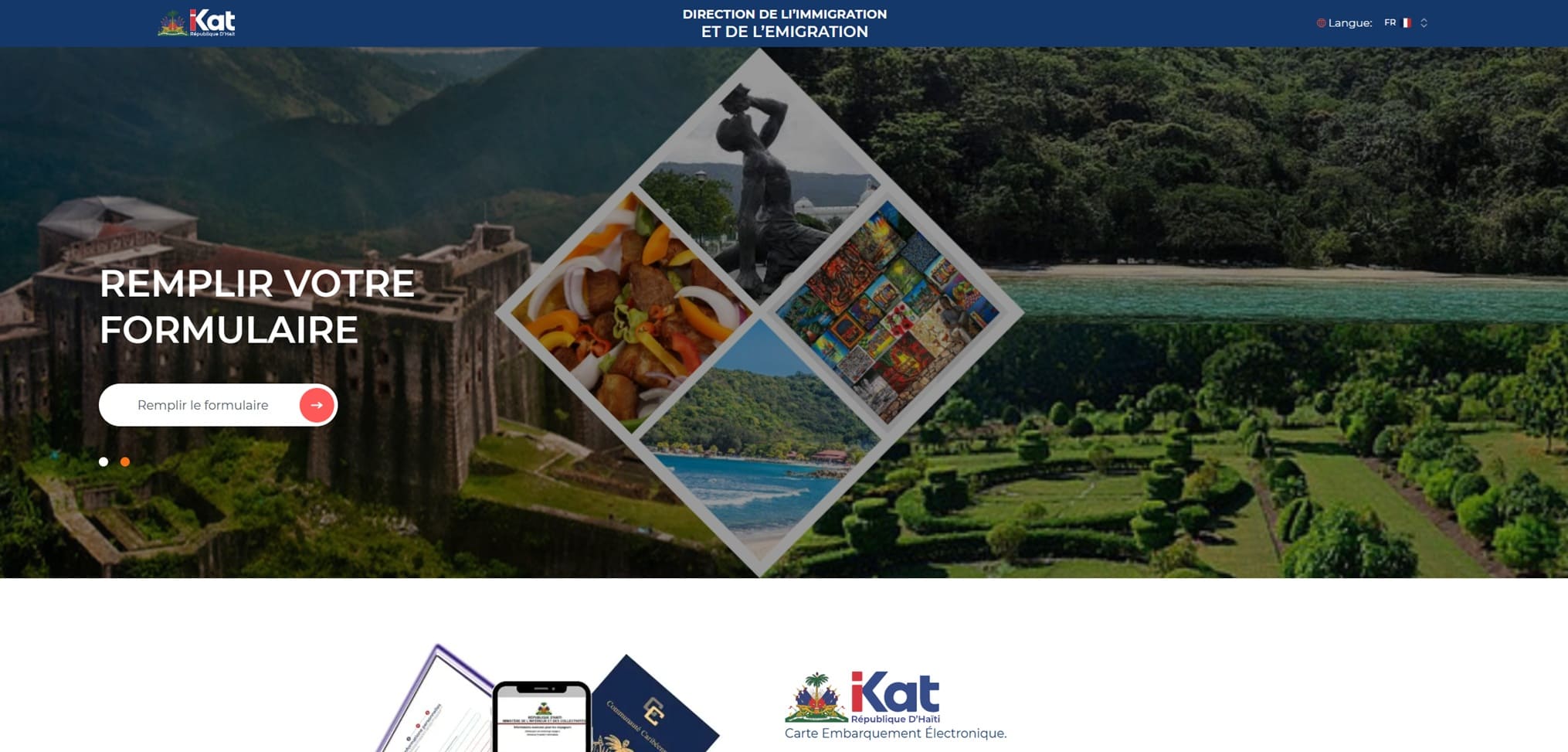 Impression d’écran du portail "iKat" de saisie de la carte d'embarquement et de débarquement d'Haïti Capture d’écran du portail "iKat" de saisie de la carte d'embarquement et de débarquement d'Haïti