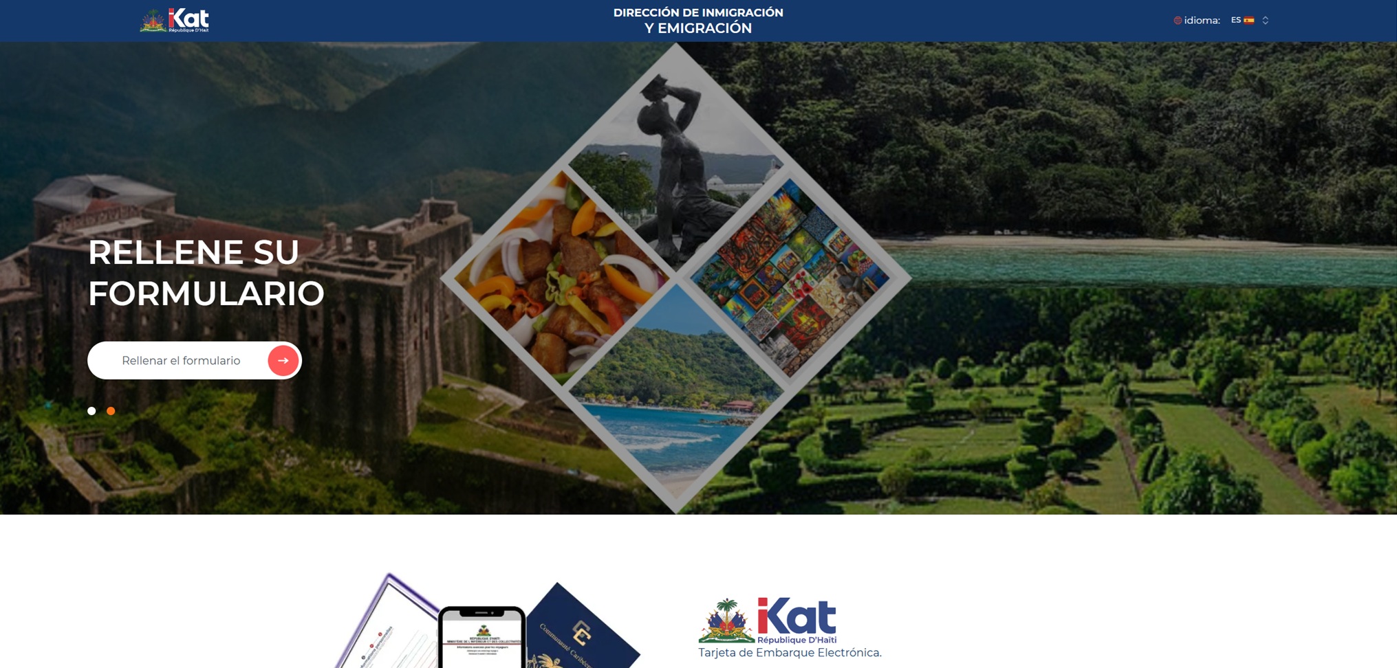 Captura de pantalla del portal «iKat» para la introducción de la tarjeta de embarque y desembarque de Haití.