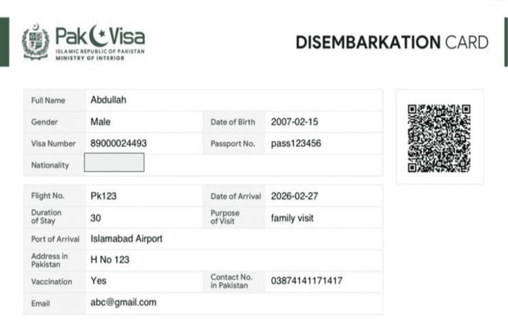 Guide de remplissage de la carte de débarquement numérique pour le Pakistan