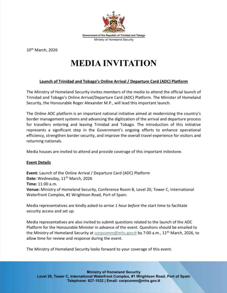 Invitation du gouvernement de Trinité-et-Tobago pour le lancement de la plateforme numérique de carte d’arrivée et de départ (ADC)