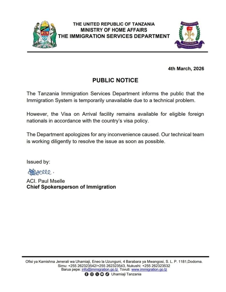 Public Notice from the Tanzania Immigration Services Department