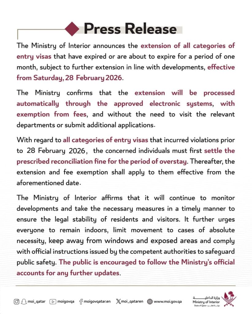 Press release from the Qatari Ministry of Interior regarding visa extensions