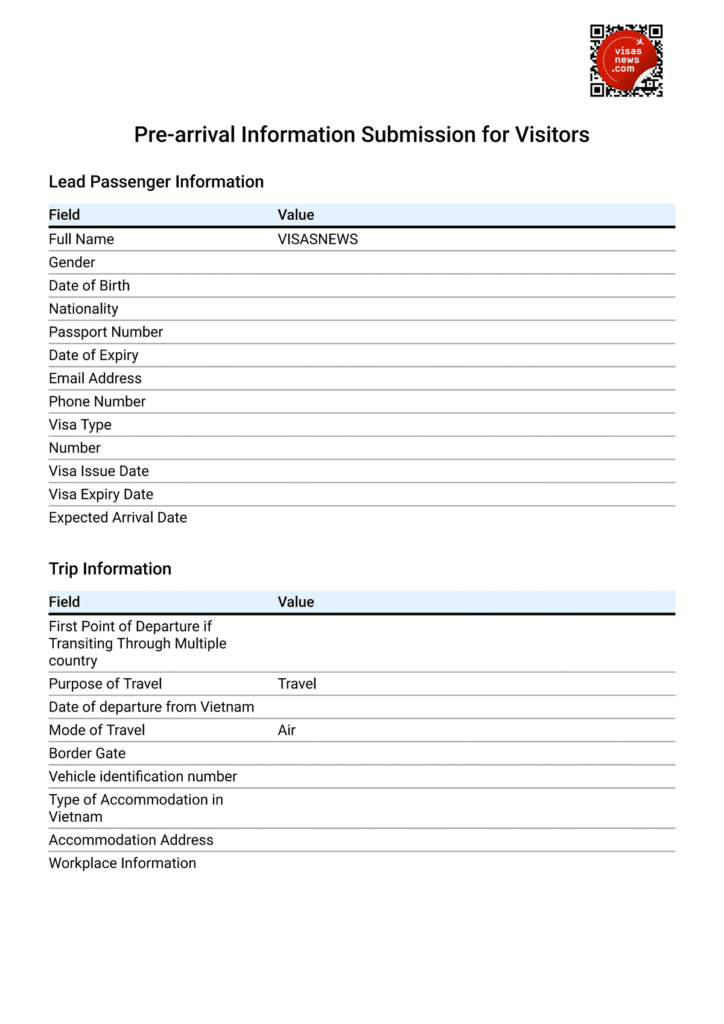 Sample Digital Arrival Card for Vietnam