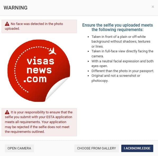 Captura de pantalla del portal ESTA de Estados Unidos
