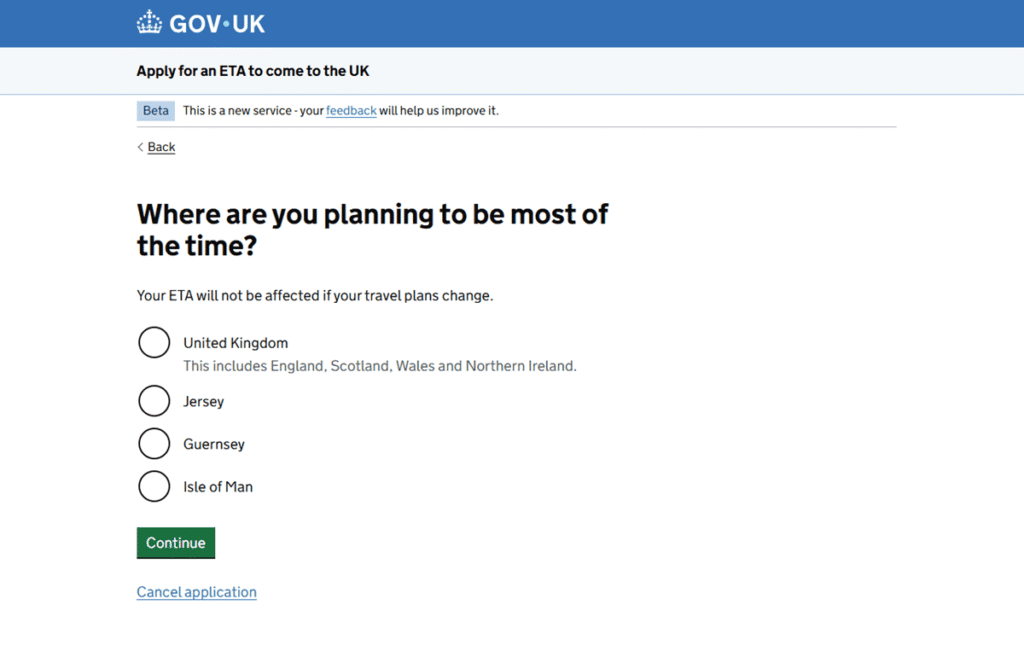 Screenshot of the ETA application portal Screenshot of the ETA application portal