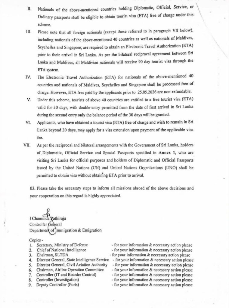 Circular del Departamento de Inmigración y Emigración de Sri Lanka sobre el visado ETA gratuito