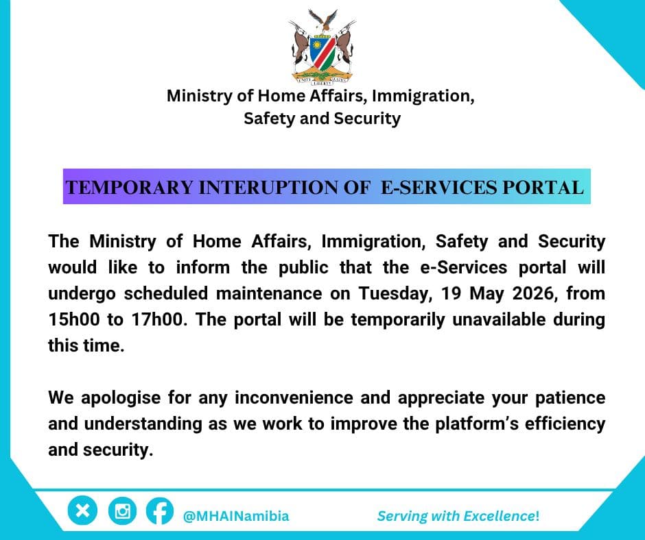 Communiqué du Ministère de l'Intérieur, de l'Immigration, de la Sécurité et de la Sûreté de Namibie concernant la maintenance du portail e-Visa