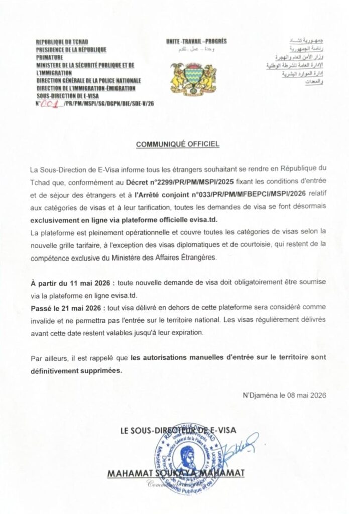 Communiqué des autorités tchadiennes concernant l'obligation de visa électronique (e-Visa)