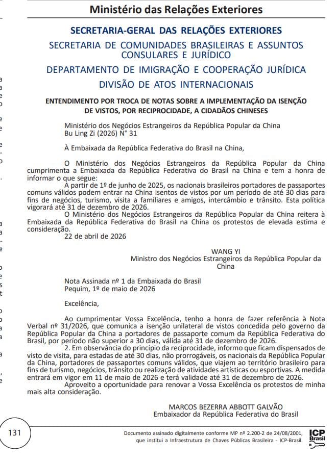 Diplomatic note between the Brazilian and Chinese authorities