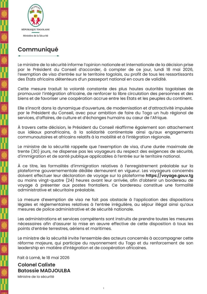 Press release from the Togolese Ministry of Security regarding the visa exemption granted to African citizens Press release from the Togolese Ministry of Security regarding the visa exemption granted to African citizens