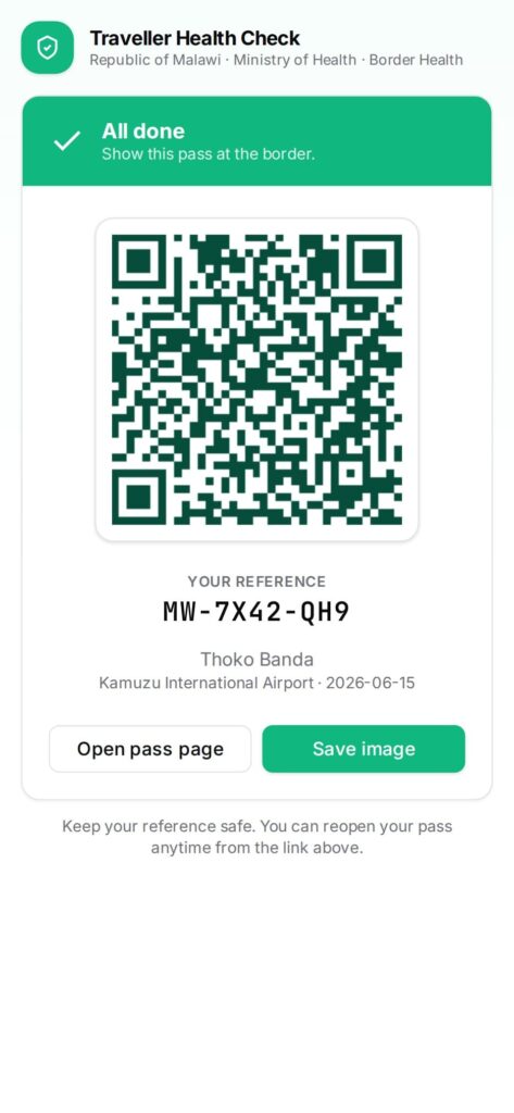 Health declaration QR code to be presented upon arrival in Malawi