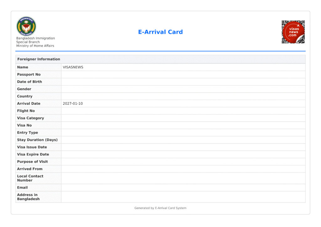 Ejemplo de tarjeta de llegada digital (e-Arrival Card) en Bangladés