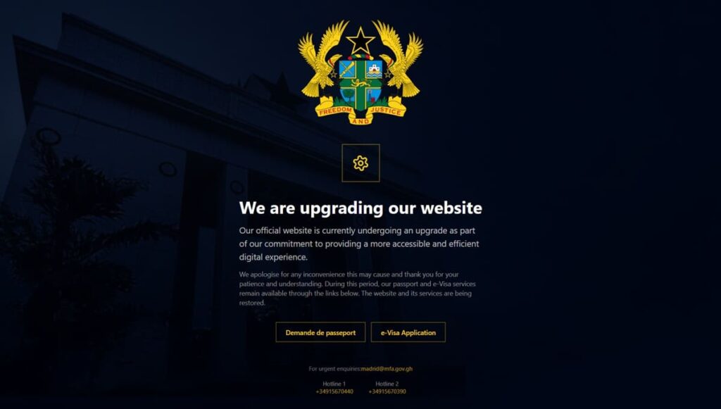 Captura de pantalla de la página web de la Embajada de Ghana en Madrid Captura de pantalla de la página web de la Embajada de Ghana en Madrid