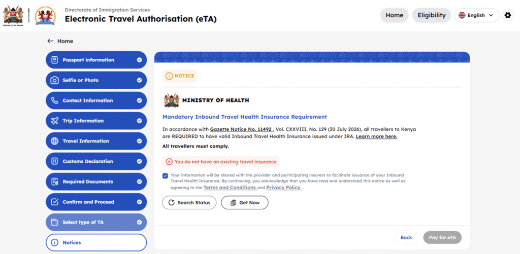 Kenya’s official ETA portal now requires travel health insurance when no existing coverage is detected Kenya’s official ETA portal now requires travel health insurance when no existing coverage is detected